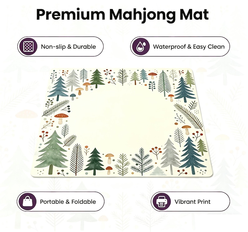May include: A rectangular mahjong mat with a cream-colored center and a border of illustrated trees, mushrooms, and foliage. The mat is labeled "Premium Mahjong Mat" and features icons indicating it is non-slip, waterproof, portable, and has a vibrant print.