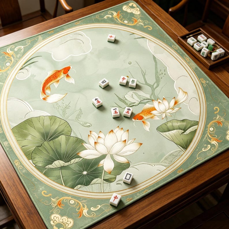 May include: A square mahjong mat featuring a light green background with illustrations of orange koi fish, white lotus flowers, and green lily pads. Several white mahjong tiles with red and black characters are scattered across the surface.