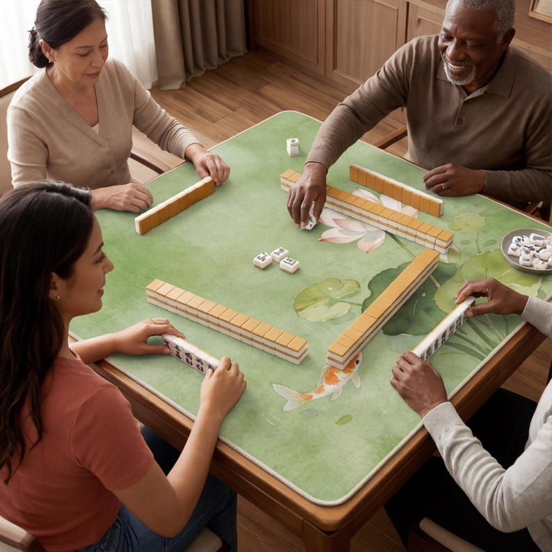 May include: Four people playing Mahjong at a wooden table with a green floral-patterned surface. The game pieces are tan and white. The table has a light brown wooden frame. The players are smiling and interacting with each other.