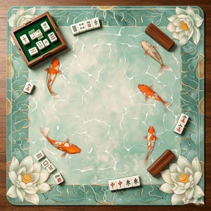 May include: A square Mahjong game mat with a water-like design featuring koi fish and lotus flowers. The mat includes a wooden box with green tiles and several white tiles with Chinese characters. The mat is bordered with a green and gold floral pattern.