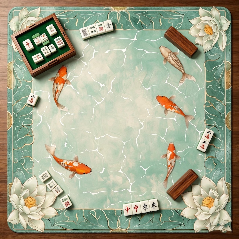 May include: A square Mahjong game mat with a water-like design featuring koi fish and lotus flowers. The mat includes a wooden box with green tiles and several white tiles with Chinese characters. The mat is bordered with a green and gold floral pattern.