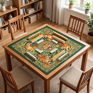 Puede incluir: Una mesa de mahjong de madera con una superficie de juego verde con tigres naranjas y diseños florales. La mesa está rodeada de cuatro sillas de madera. Las fichas de mahjong están dispuestas sobre la mesa, listas para jugar.