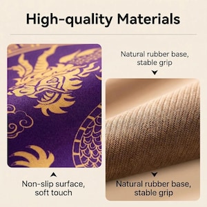 May include: Image showcasing the features of a product. The text "High-quality Materials" is at the top. The left side shows a close-up of a purple fabric with a gold dragon design. The right side shows a brown fabric with a textured pattern.