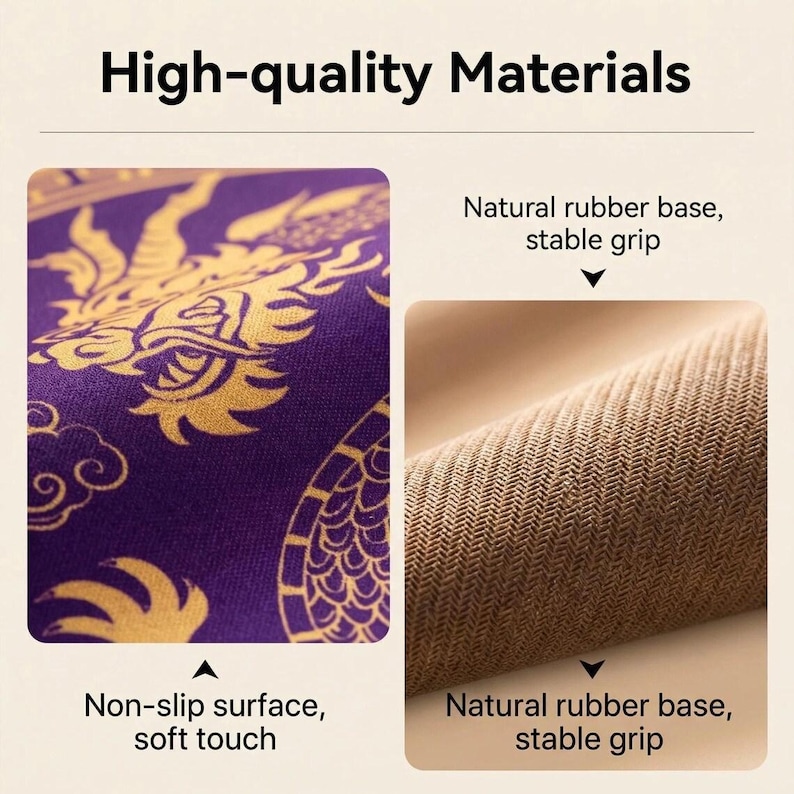 May include: Image showcasing the features of a product. The text "High-quality Materials" is at the top. The left side shows a close-up of a purple fabric with a gold dragon design. The right side shows a brown fabric with a textured pattern.