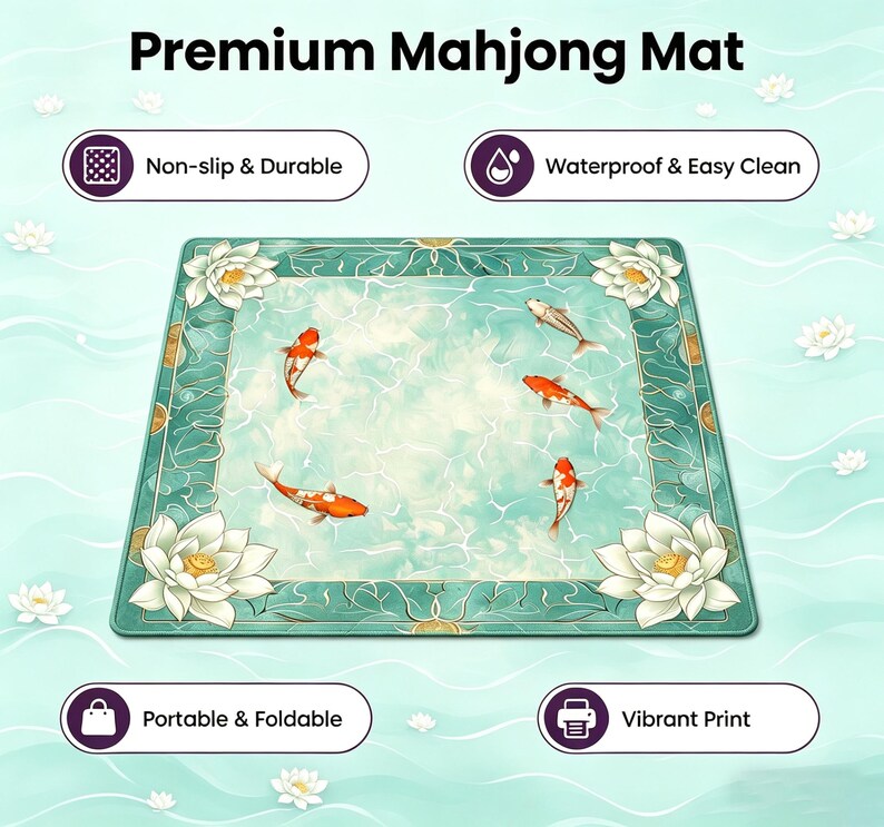 May include: A rectangular mahjong mat with a teal border and a light blue center featuring koi fish. The mat has white lotus flowers in each corner and the text "Premium Mahjong Mat". Additional text includes "Non-slip & Durable", "Waterproof & Easy Clean", "Portable & Foldable", and "Vibrant Print".