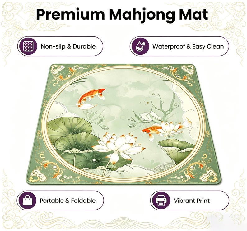 May include: A square green Mahjong mat featuring a central circular illustration of orange koi fish and white lotus flowers with green lily pads. The mat includes text labels for non-slip, durable, waterproof, easy clean, portable, foldable, and vibrant print.