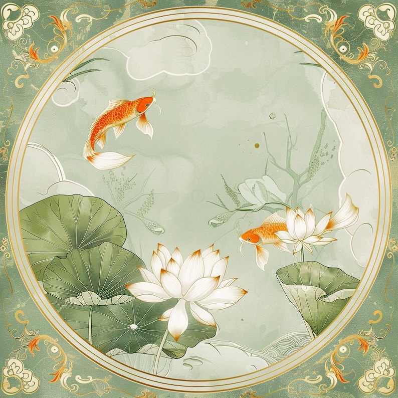 May include: A circular decorative print featuring two orange koi fish swimming among white lotus flowers and large green lily pads. The background is a soft sage green with stylized cloud motifs and a gold border with ornate corner flourishes.