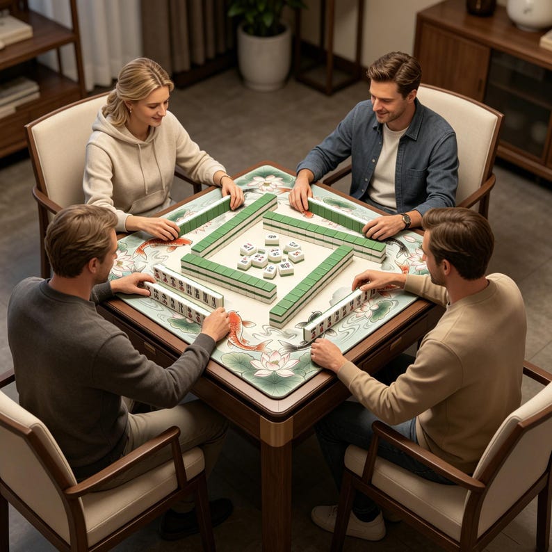 May include: A square wooden Mahjong table with four players seated around it. The table features a green and white playing surface with a floral and koi fish design. Green and white tiles are arranged on the table, and players hold additional tiles.