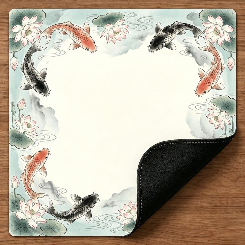 May include: Square placemat featuring a watercolor design of koi fish in shades of orange and black, swimming around lotus flowers and lily pads. The background is a light blue with a white center.
