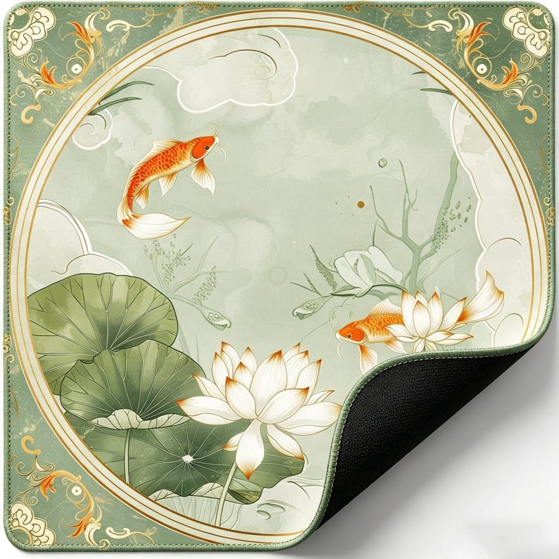 May include: A square desk mat featuring a circular frame with a light green background, two orange koi fish, and white lotus flowers with large green lily pads. The corners are decorated with gold filigree patterns and the underside is black.
