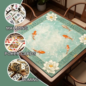 May include: A square wooden game table with a teal surface featuring koi fish and lotus flowers. The table is surrounded by wooden chairs. The image also shows close-ups of mahjong tiles, poker cards, and dominoes.