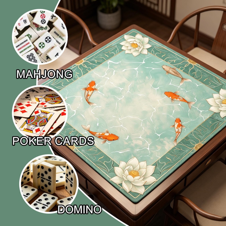 May include: A square wooden game table with a teal surface featuring koi fish and lotus flowers. The table is surrounded by wooden chairs. The image also shows close-ups of mahjong tiles, poker cards, and dominoes.