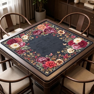 Könnte beinhalten: Ein quadratischer Holztisch mit einer dunklen floralen Musterplatte. Das florale Design zeigt rote, rosa und gelbe Blumen mit grünen Blättern. Der Tisch ist von vier Holzstühlen mit gebogenen Rücken umgeben. Der Tisch wird wahrscheinlich zum Essen oder Spielen verwendet.