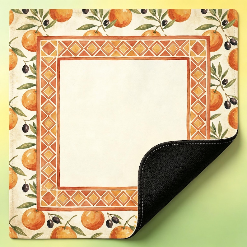 May include: A square placemat with a watercolor design featuring oranges, olive branches, and a geometric border in shades of orange and brown. The placemat has a cream-colored center and a black underside.