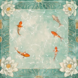 May include: Square artwork featuring koi fish swimming in a pond with a light blue-green hue. The water's surface reflects light, and the border is adorned with white lotus flowers and gold accents. The koi are orange and white.