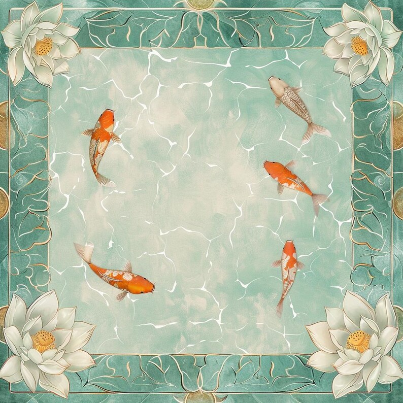 May include: Square artwork featuring koi fish swimming in a pond with a light blue-green hue. The water's surface reflects light, and the border is adorned with white lotus flowers and gold accents. The koi are orange and white.