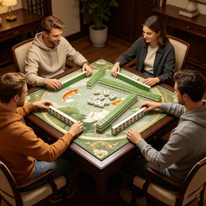 May include: A square wooden mahjong table with a green felt surface featuring lotus and koi fish illustrations. Four people are seated around the table, arranging rectangular green and white mahjong tiles into rows and stacks on the game board.