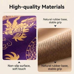 May include: A product feature graphic titled High-quality Materials showing a purple mouse pad with a gold dragon pattern and a non-slip surface, alongside a close-up of a brown natural rubber base with a textured pattern for a stable grip.
