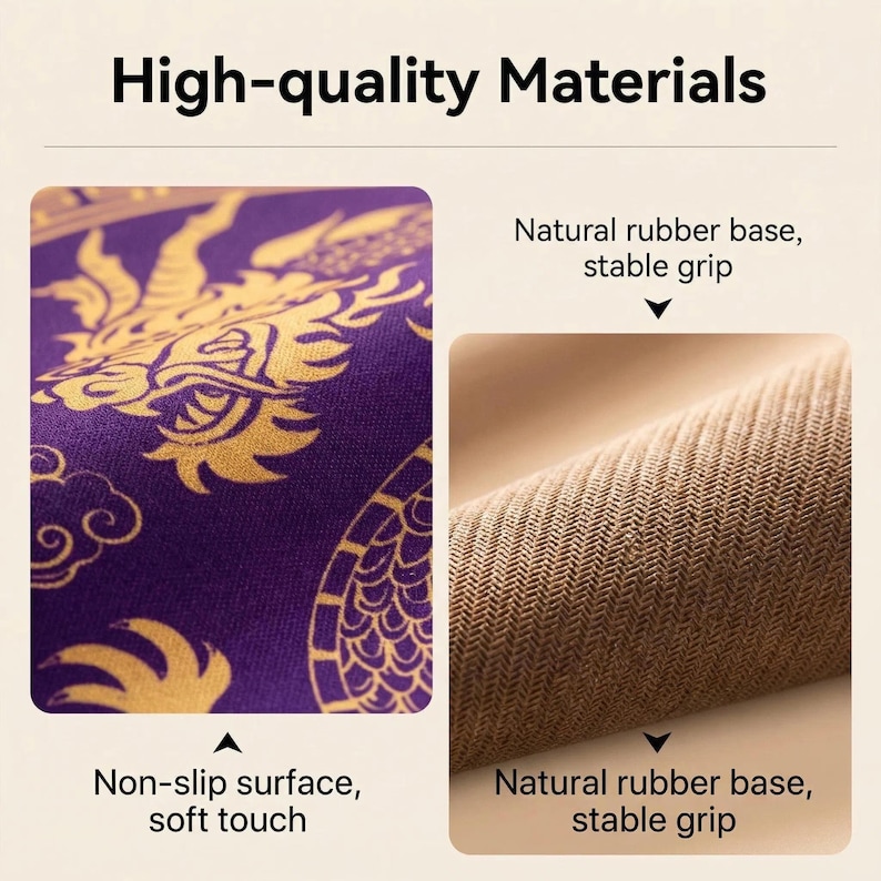 May include: A product feature graphic titled High-quality Materials showing a purple mouse pad with a gold dragon pattern and a non-slip surface, alongside a close-up of a brown natural rubber base with a textured pattern for a stable grip.