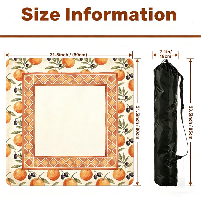 May include: A square, cream-colored tablecloth with a watercolor design of oranges and olives, measuring 31.5 inches (80 cm) on each side. The tablecloth has a decorative border and comes with a black carrying bag, 33.5 inches (85 cm) long.