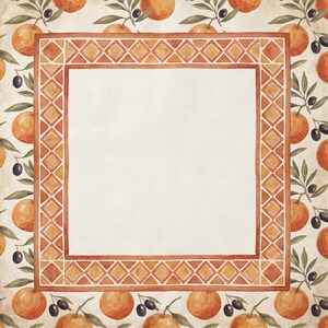 May include: Watercolor illustration of a square frame with a decorative border. The border is a geometric pattern in shades of orange and brown. The background features oranges, olive branches, and olives.