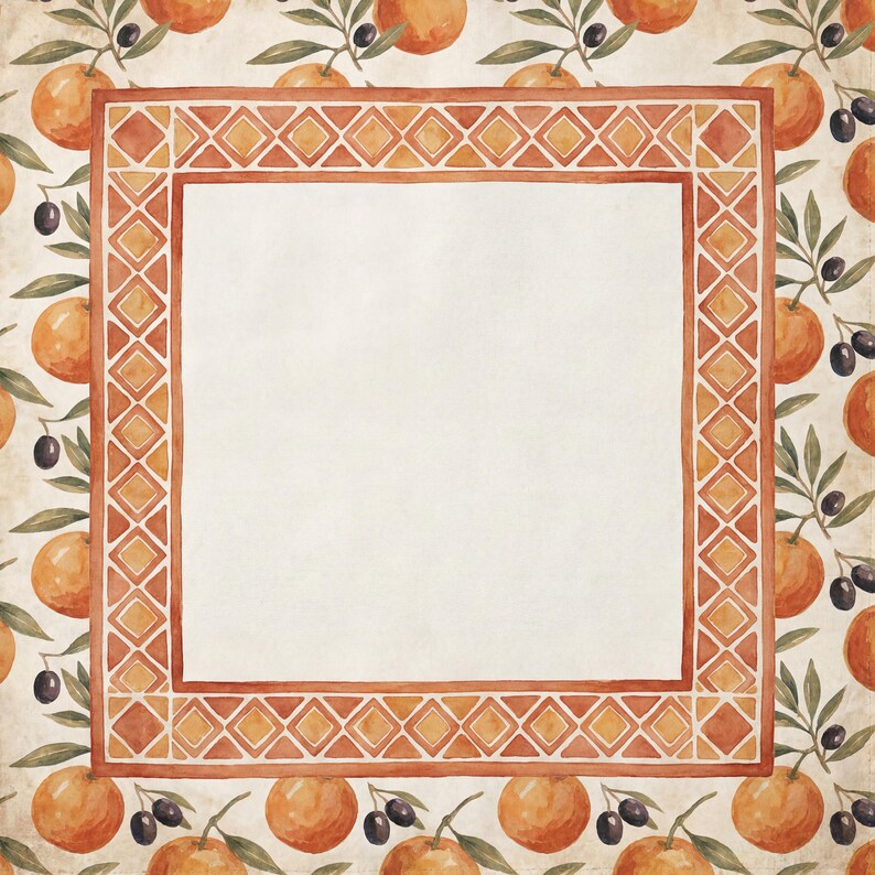 May include: Watercolor illustration of a square frame with a decorative border. The border is a geometric pattern in shades of orange and brown. The background features oranges, olive branches, and olives.