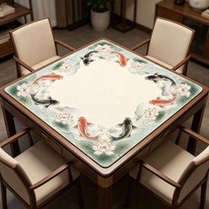 May include: A square wooden table with a decorative top featuring a koi fish and lotus flower design. The table is surrounded by four chairs with cream-colored seats and wooden frames. The table's design includes red, black, and white koi fish.
