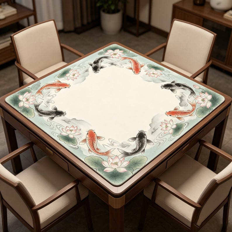 May include: A square wooden table with a decorative top featuring a koi fish and lotus flower design. The table is surrounded by four chairs with cream-colored seats and wooden frames. The table's design includes red, black, and white koi fish.