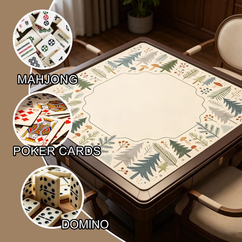 May include: A square, dark wood game table with a cream-colored surface featuring a forest-themed border. The image includes close-ups of Mahjong tiles, poker cards, and dominoes, with the text labels "MAHJONG", "POKER CARDS", and "DOMINO".