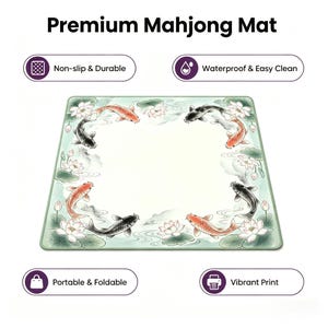 May include: A square mahjong mat with a koi fish design. The mat features a light green border with koi fish in shades of orange and black swimming around a central white space. The text "Premium Mahjong Mat" is at the top.