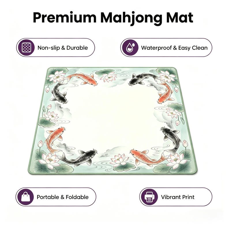 May include: A square mahjong mat with a koi fish design. The mat features a light green border with koi fish in shades of orange and black swimming around a central white space. The text "Premium Mahjong Mat" is at the top.