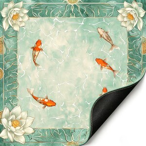 May include: A decorative mat featuring a serene pond scene with koi fish and lotus flowers. The design includes orange and white koi swimming in a light blue water background. The mat has a green border with gold accents and white lotus flowers.
