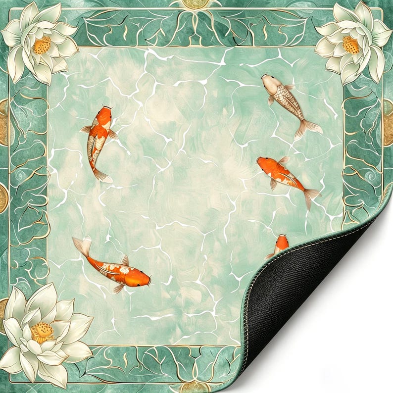 May include: A decorative mat featuring a serene pond scene with koi fish and lotus flowers. The design includes orange and white koi swimming in a light blue water background. The mat has a green border with gold accents and white lotus flowers.