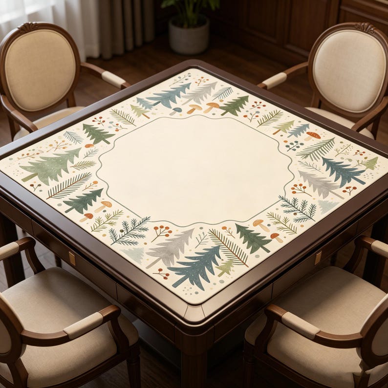 May include: A square wooden game table with a cream-colored surface and a decorative border featuring stylized trees, mushrooms, and berries in green, blue, and brown. The table is surrounded by four chairs with cream-colored seats and wooden frames.