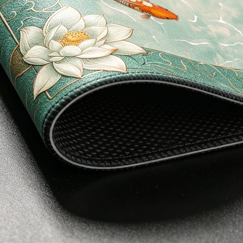 May include: A decorative mousepad featuring a serene aquatic scene. The design includes a white lotus flower, a koi fish, and water elements in shades of teal and gold. The mousepad has a black, textured underside and a stitched edge.