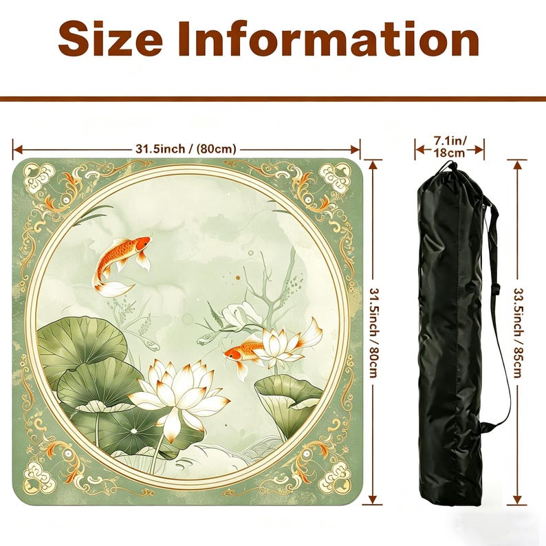 May include: A square mat featuring a circular illustration of orange koi fish and white lotus flowers on a light green background, measuring 31.5 inches by 31.5 inches, accompanied by a black cylindrical carrying bag measuring 7.1 by 33.5 inches.