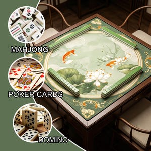 May include: A square game table featuring a green surface with illustrations of koi fish and lotus flowers, surrounded by green mahjong tiles. Circular insets display mahjong tiles, poker cards, and dominoes with the labels MAHJONG, POKER CARDS, and DOMINO.