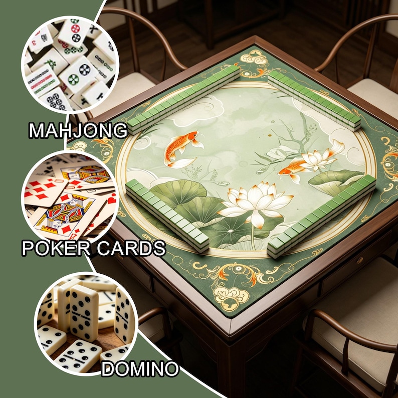 May include: A square game table featuring a green surface with illustrations of koi fish and lotus flowers, surrounded by green mahjong tiles. Circular insets display mahjong tiles, poker cards, and dominoes with the labels MAHJONG, POKER CARDS, and DOMINO.