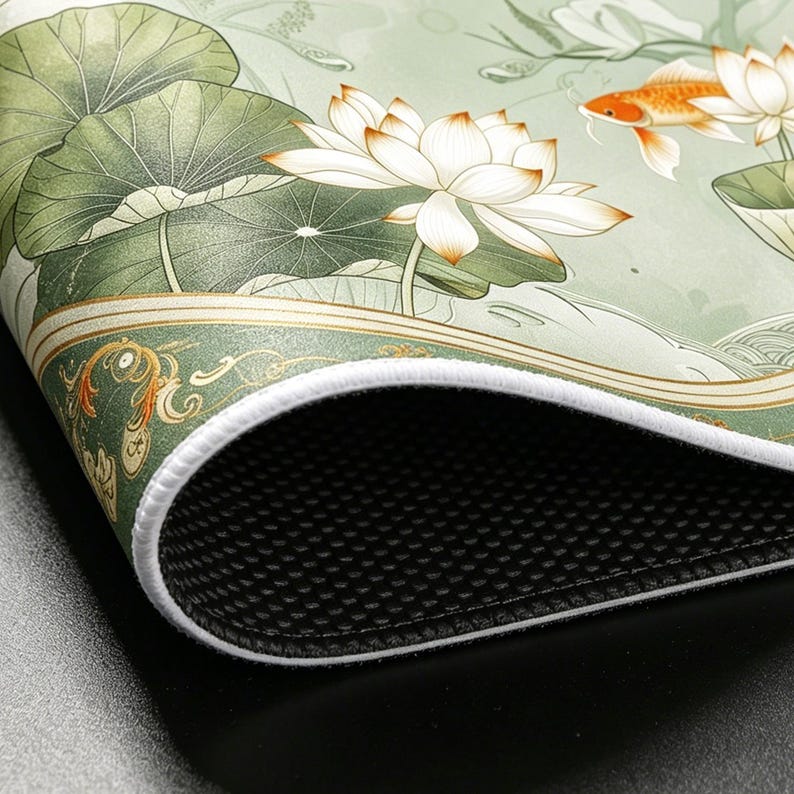 May include: A rectangular desk mat featuring a light green background with white lotus flowers, large green lily pads, and an orange koi fish. The mat has a white stitched edge and a black textured rubber base for grip on the underside.