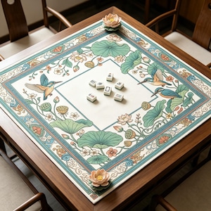 Pu&ograve; includere: Un tavolo da mahjong quadrato con una superficie di gioco color crema con un design floreale e di uccelli. Il bordo &egrave; turchese e rosa. Diverse tessere di mahjong sono posizionate sul tavolo. Due decorazioni di fiori di loto sono sul tavolo.