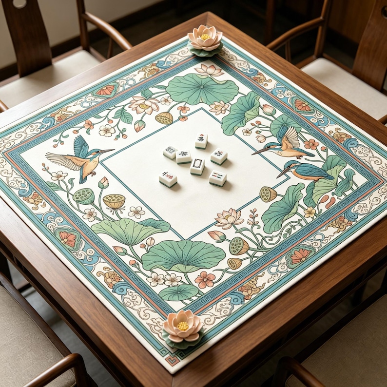 Pu&ograve; includere: Un tavolo da mahjong quadrato con una superficie di gioco color crema con un design floreale e di uccelli. Il bordo &egrave; turchese e rosa. Diverse tessere di mahjong sono posizionate sul tavolo. Due decorazioni di fiori di loto sono sul tavolo.