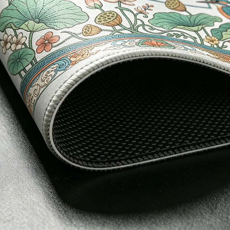 Pu&ograve; includere: Primo piano di un tappeto decorativo con un design floreale e botanico. Il tappeto presenta un bordo bianco e un lato inferiore nero strutturato. La superficie superiore mostra un motivo dettagliato di fiori di loto, foglie e altri elementi floreali in verde, arancione e blu.