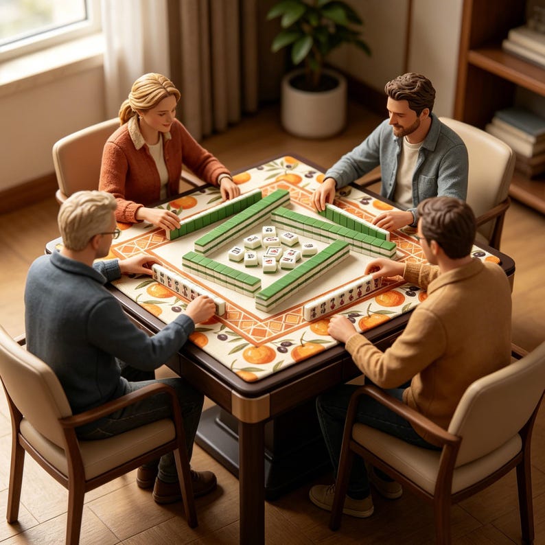 May include: A group of four people playing Mahjong around a square table. The table has a patterned surface with orange fruit designs. Green and white tiles are arranged in the center, and each player has a set of tiles. The players are seated in beige chairs.
