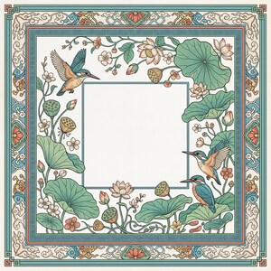 Pu&ograve; includere: Illustrazione quadrata con un bordo turchese con motivi floreali e geometrici. Il design centrale include tre martin pescatori, fiori di loto e grandi foglie verdi. Lo sfondo &egrave; bianco.