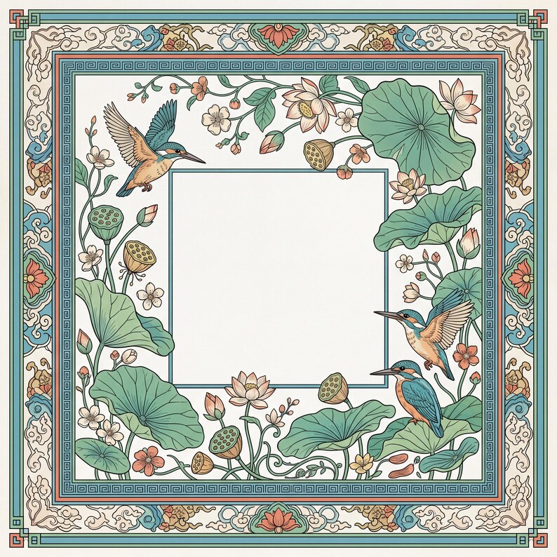 Pu&ograve; includere: Illustrazione quadrata con un bordo turchese con motivi floreali e geometrici. Il design centrale include tre martin pescatori, fiori di loto e grandi foglie verdi. Lo sfondo &egrave; bianco.