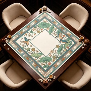 Pu&ograve; includere: Un tavolo da gioco quadrato in legno con una superficie color crema e un bordo decorativo con uccelli, fiori di loto e foglie. Il tavolo &egrave; circondato da quattro sedie beige e servizi da t&egrave;. La superficie del tavolo ha una forma a diamante color crema al centro.