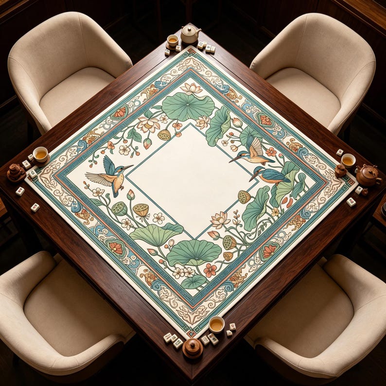 Pu&ograve; includere: Un tavolo da gioco quadrato in legno con una superficie color crema e un bordo decorativo con uccelli, fiori di loto e foglie. Il tavolo &egrave; circondato da quattro sedie beige e servizi da t&egrave;. La superficie del tavolo ha una forma a diamante color crema al centro.
