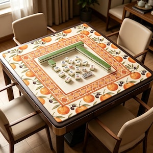 May include: A square mahjong table with a decorative orange and olive pattern on the playing surface. The table is surrounded by four beige chairs. Mahjong tiles, dice, and a tile holder are arranged on the table.