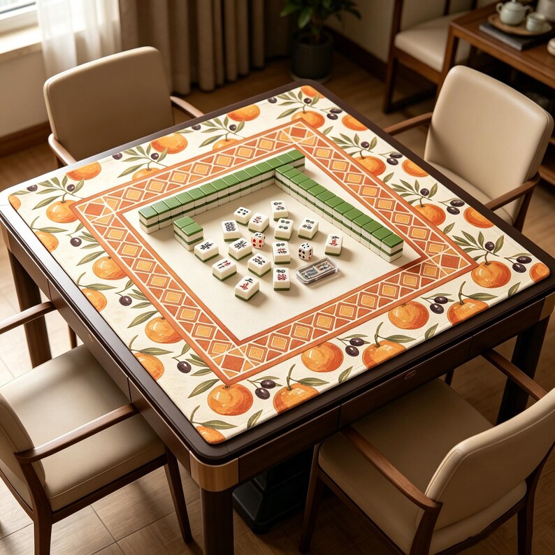 May include: A square mahjong table with a decorative orange and olive pattern on the playing surface. The table is surrounded by four beige chairs. Mahjong tiles, dice, and a tile holder are arranged on the table.