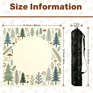 May include: A cream-colored mat with a forest design, featuring trees and mushrooms, measuring 31.5 inches (80 cm) square. A black carrying bag, 33.5 inches (85 cm) long, is included. The text "Size Information" is displayed.